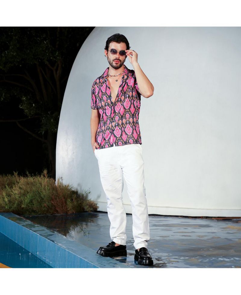Men's Midnight Black & Light Pink Ethnic Shirt