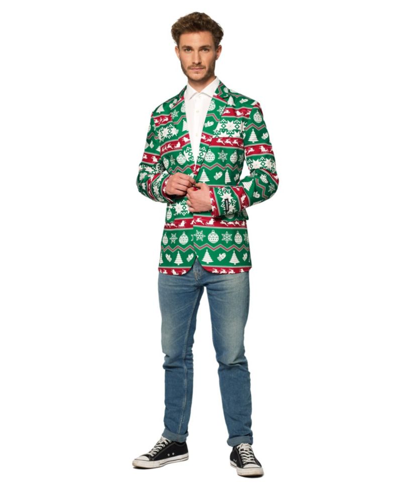 Men's Christmas Blazer - X- Mas Festive Nordic Slim Fit - Green - White