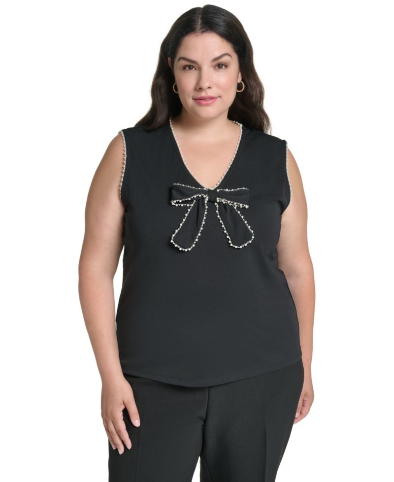 Plus Size V-Neck Sleeveless Imitation Pearl Bow Blouse