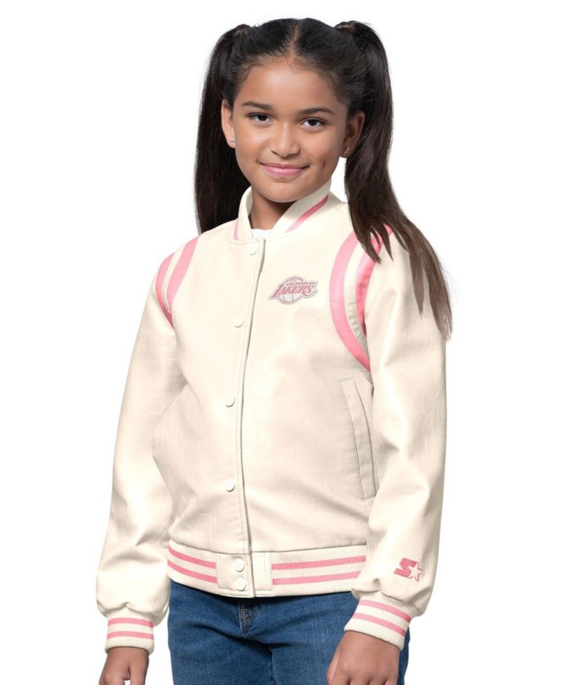 Girls Cream/Pink Los Angeles Lakers Underdog Leather Varsity Jacket