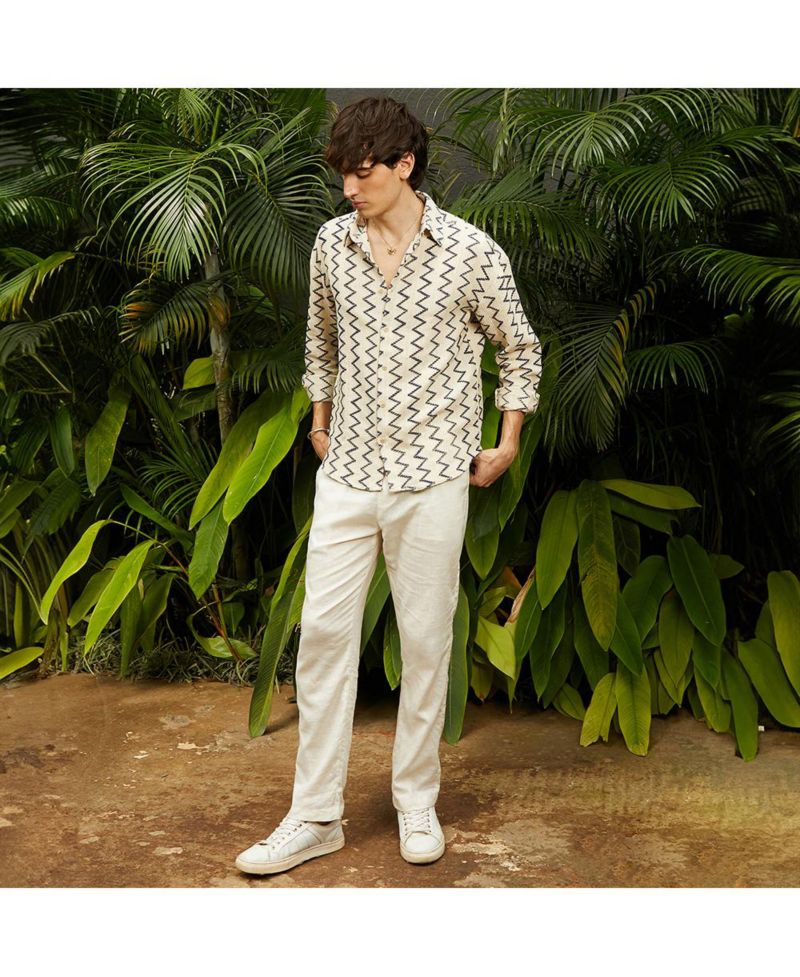 Men's Cream White Zig-Zag Knit Shirt