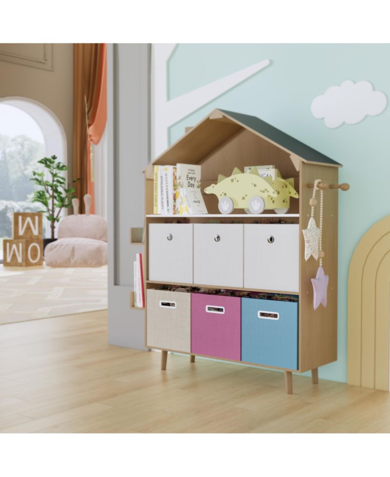 House-Style Kids Storage Cabinet, Multi-Bin Toy Organizer and Book Display Bookcase for Playrooms & Bedrooms