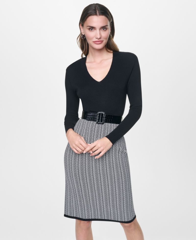Women's Herringbone Rib V-Neck Long-Sleeve Sweater Dress