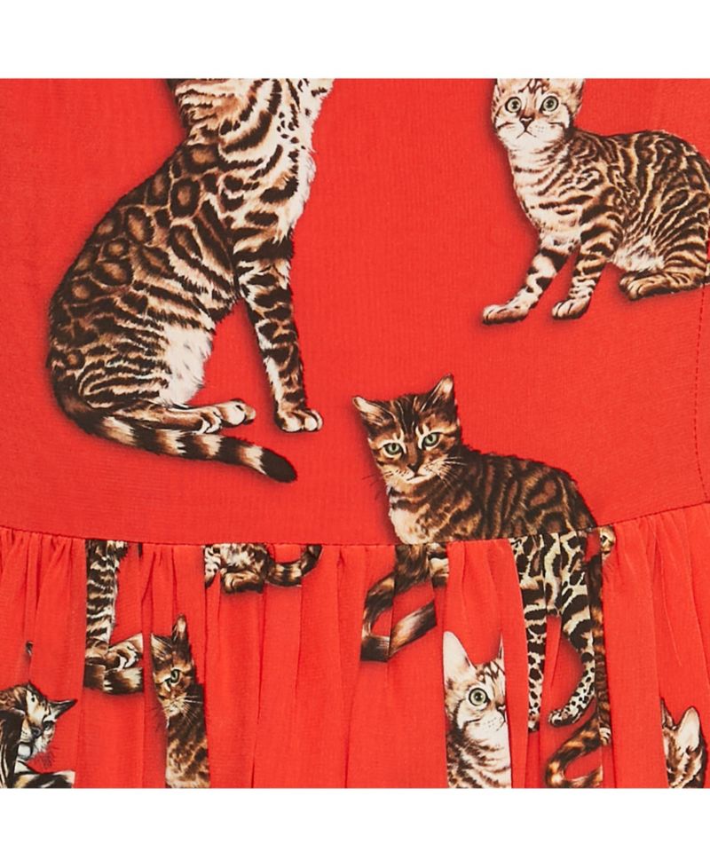 Women's Pre-Owned Dolce and Gabbana Red Cat Print Silk Midi Dress