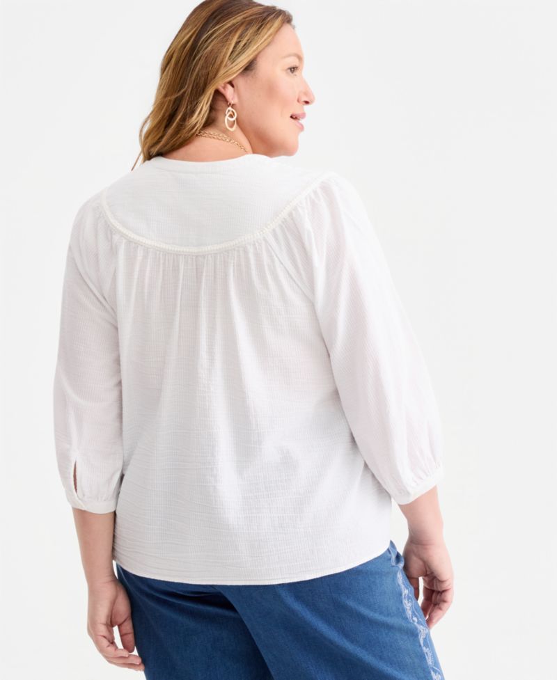 Plus Size Embroidered-Floral 3/4 Sleeve Blouse