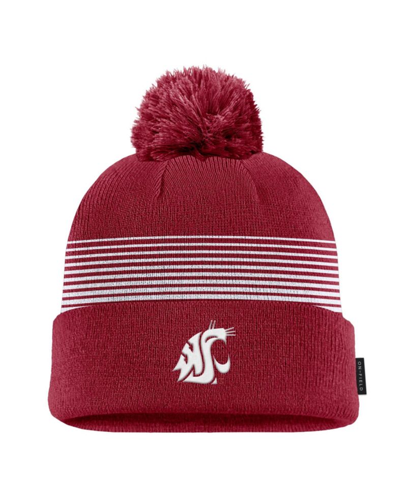 Men's Crimson Washington State Cougars 2026 On-Field Peak Cuffed Knit Hat with Pom