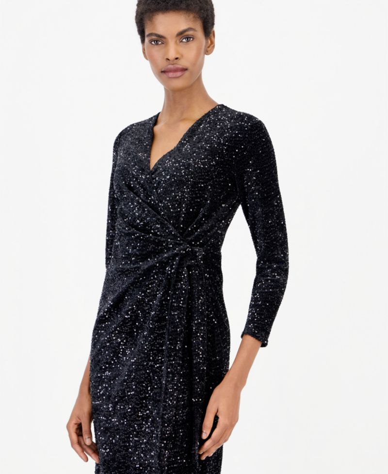 Women's Classic Velvet Sequin Faux-Wrap Dress