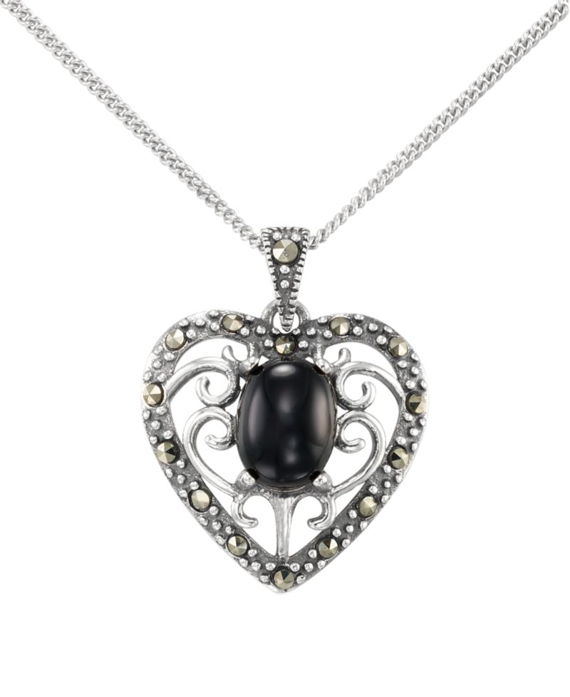Marcasite (0.17 ct. t.w.) and Faceted Onyx (1-1/4 ct. t.w.) Heart Pendant Necklace in Sterling Silver
