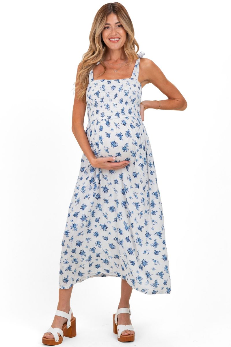 Women's Ivory Smocked Bodice Tie Straps Floral Print Maxi Dress