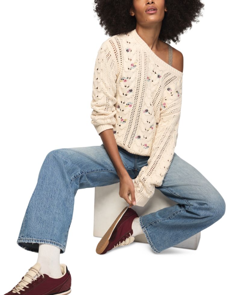 Women's Floral-Embroidered Cable-Knit Crewneck Sweater