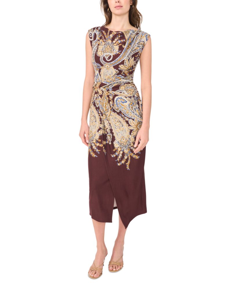 Women's Boat Neck Paisley Sleeveless Wrap Dress