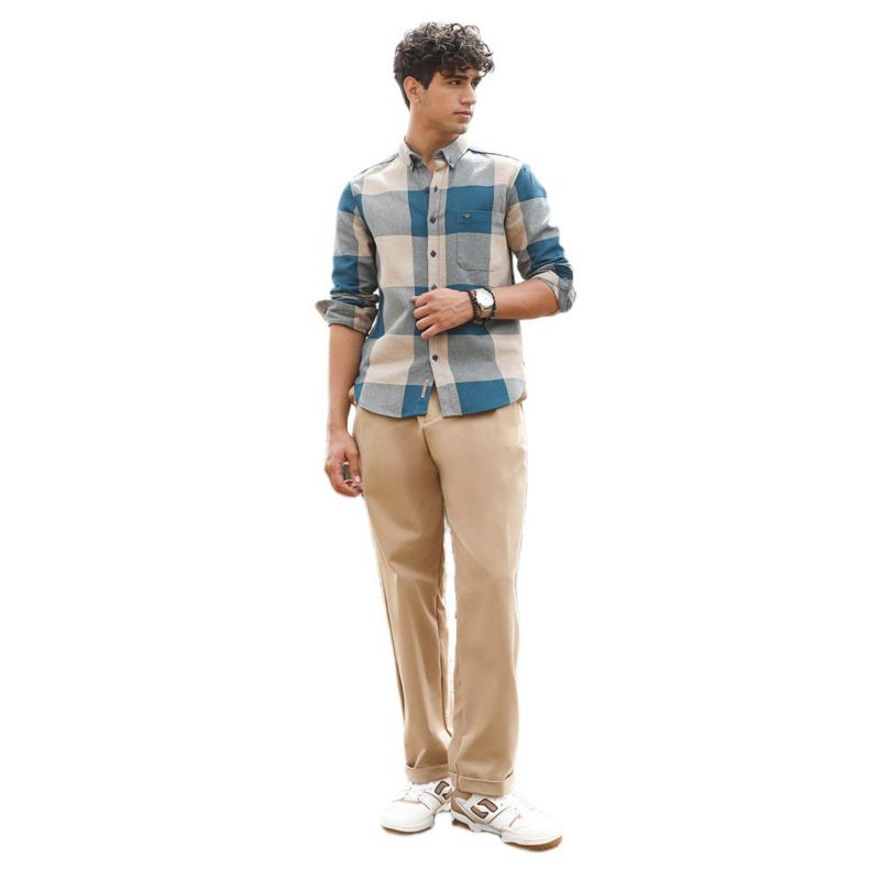Men's Azure Blue & Off-White Buffalo-Woven Regular Shirt
