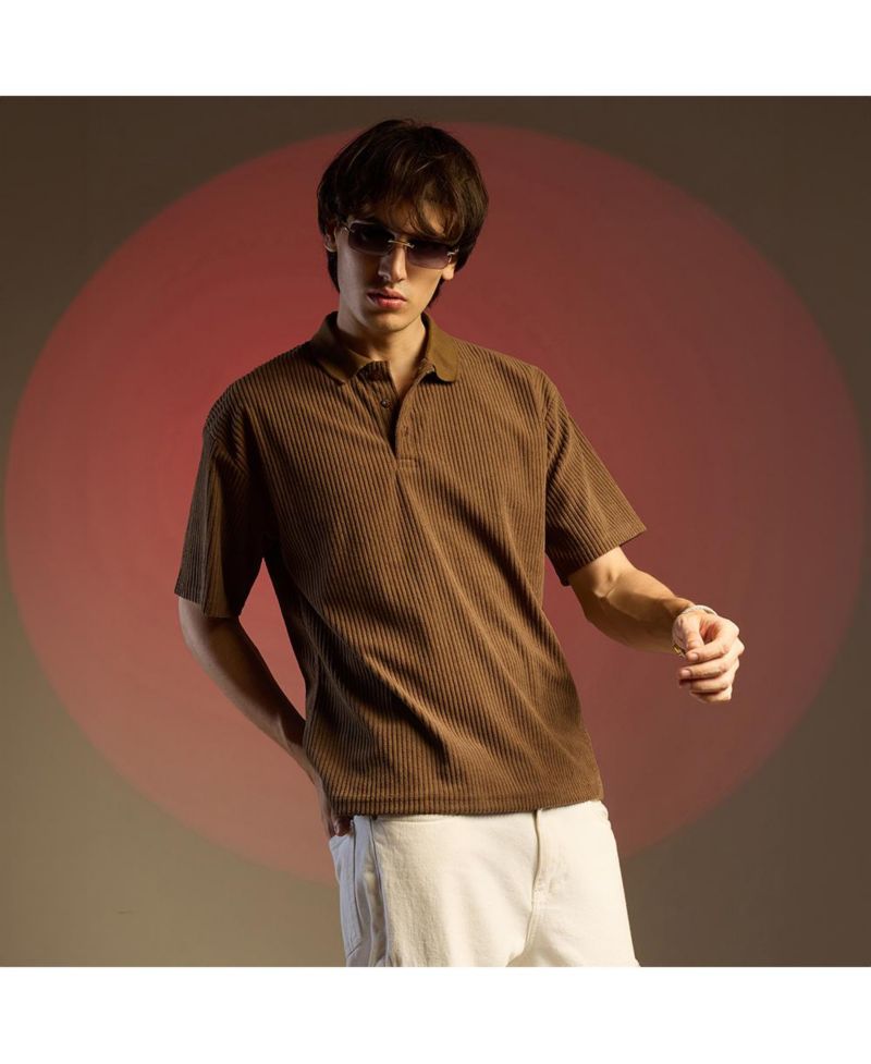 Men's Chocolate Brown Ribbed Oversized Polo T-Shirt