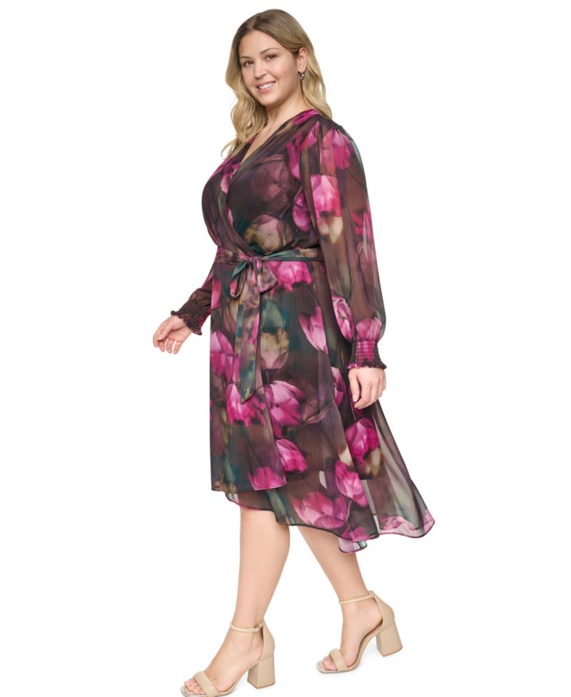 Petite Smocked Wrap Midi Floral-Print Long-Sleeve Dress