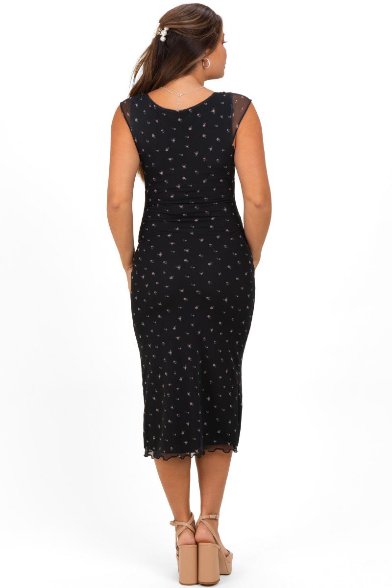 Women's Black Floral Mesh Front Tie Cutout Midi Dress