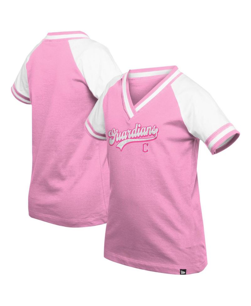Big Girls Pink Cleveland Guardians Mommy Me Raglan V-Neck T-Shirt
