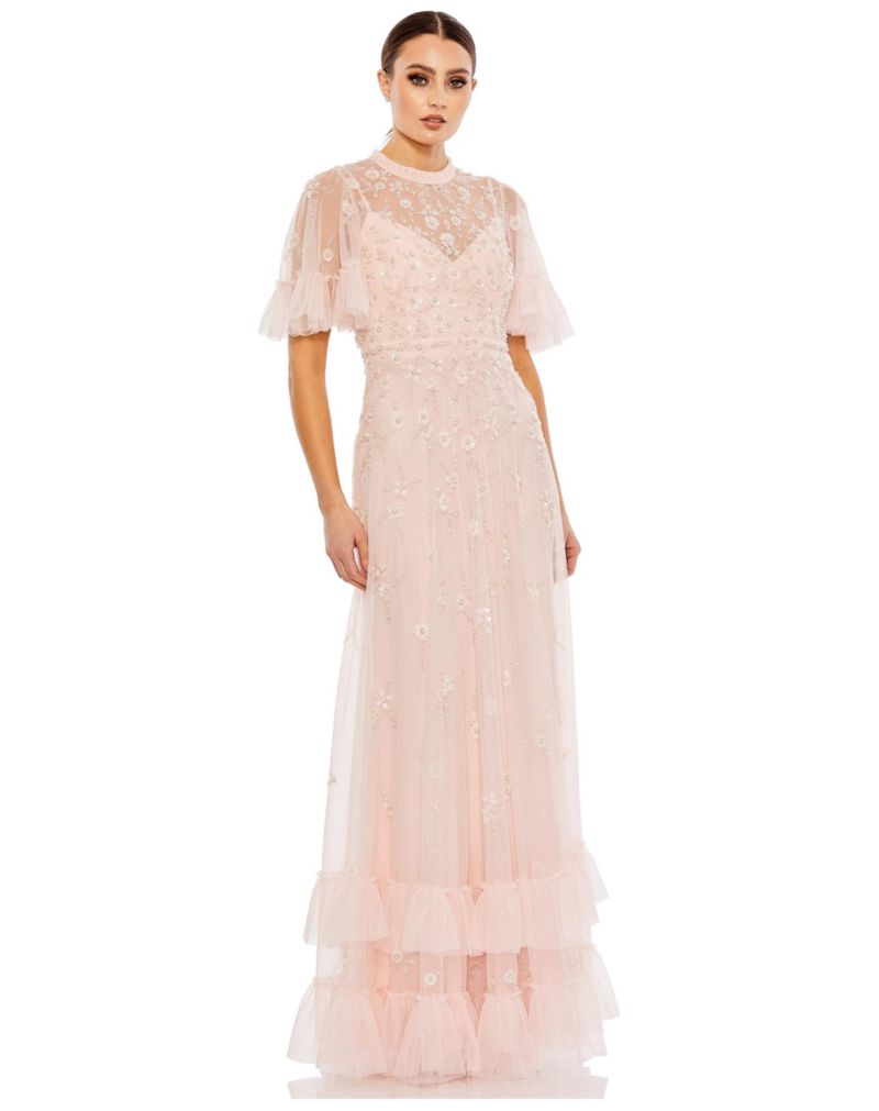 Women's Ruffled Floral Embellished Flutter Sleeve A Line Gown