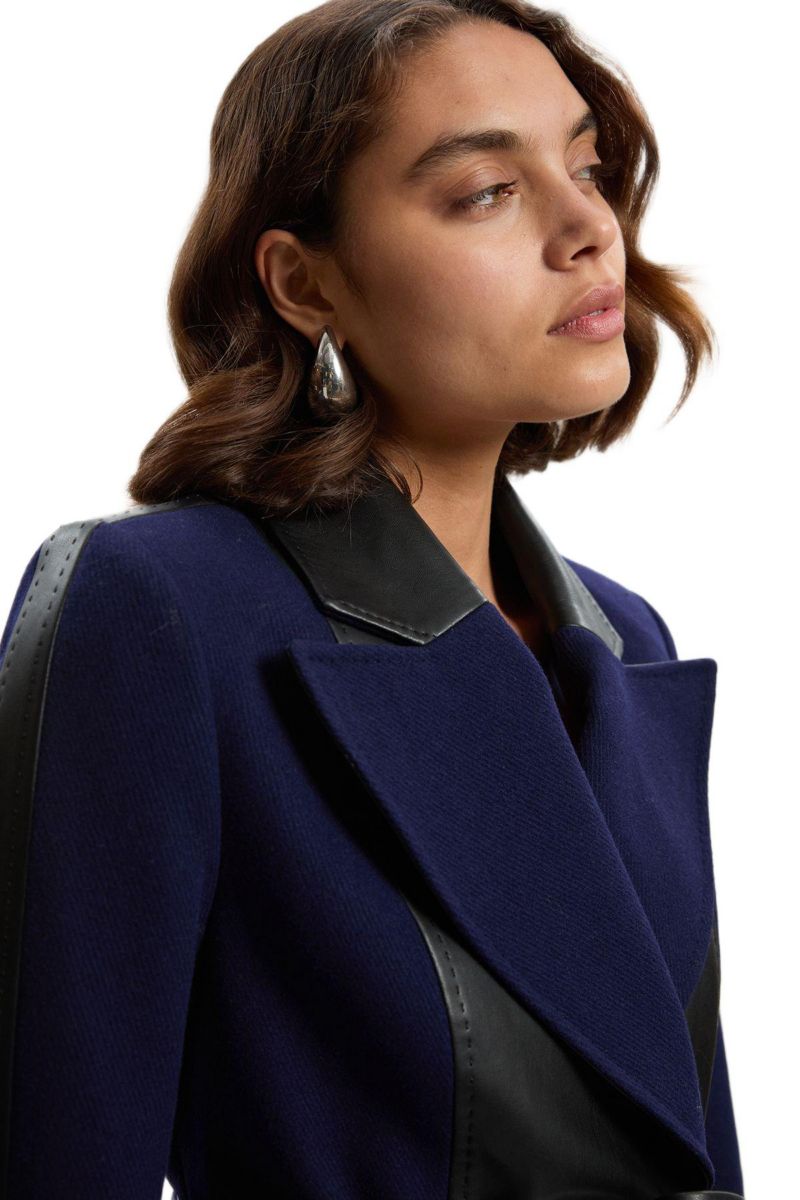 Women's Wool Pu Mix Belted Midi Coat