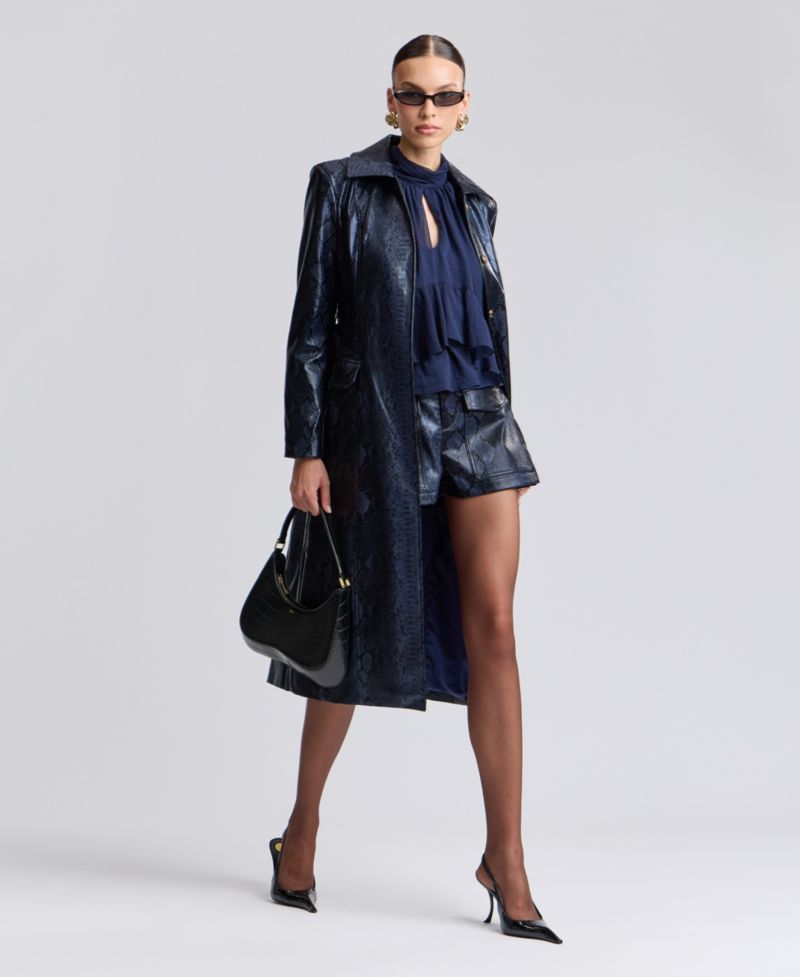 Women's Center Front Belted Python-Print Faux Leather Trench Coat