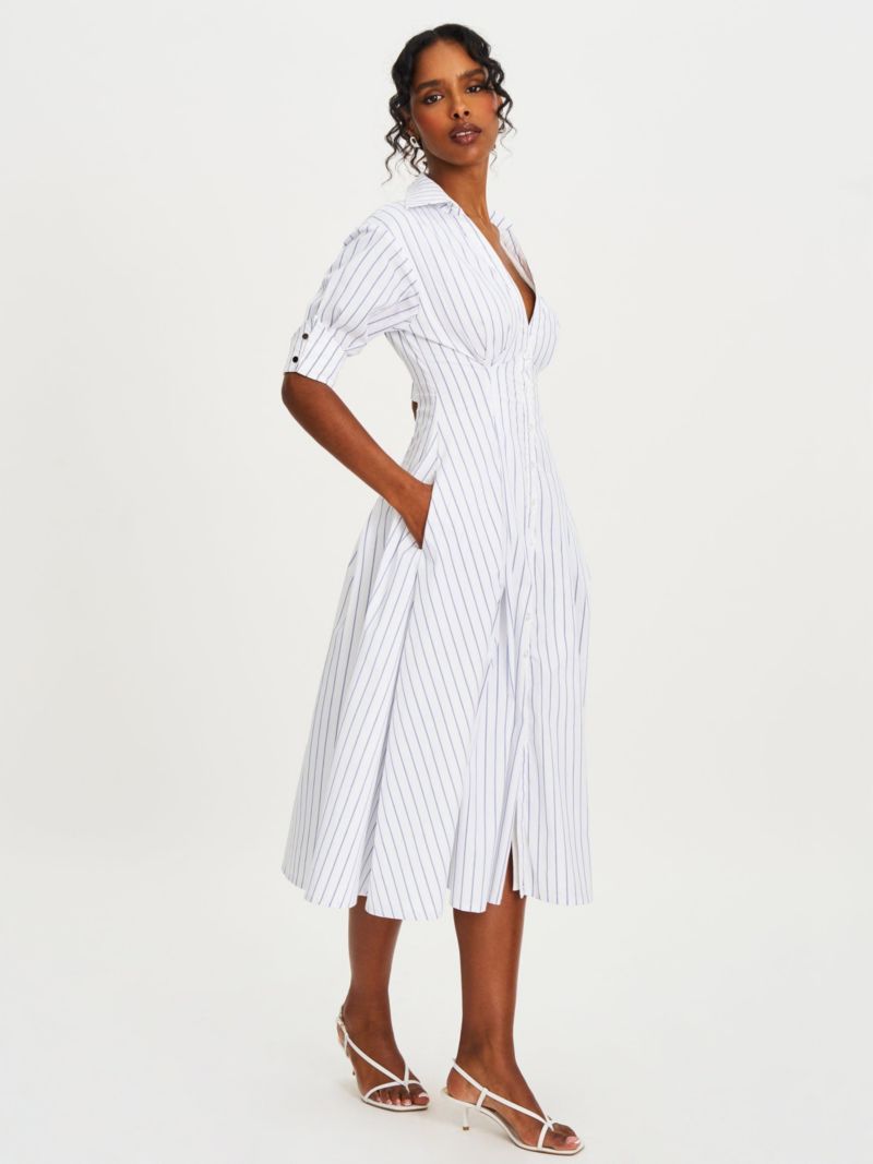 Women's Palina Pinstripes Cotton Poplin Pleated Midi Preppy Shirt Dress