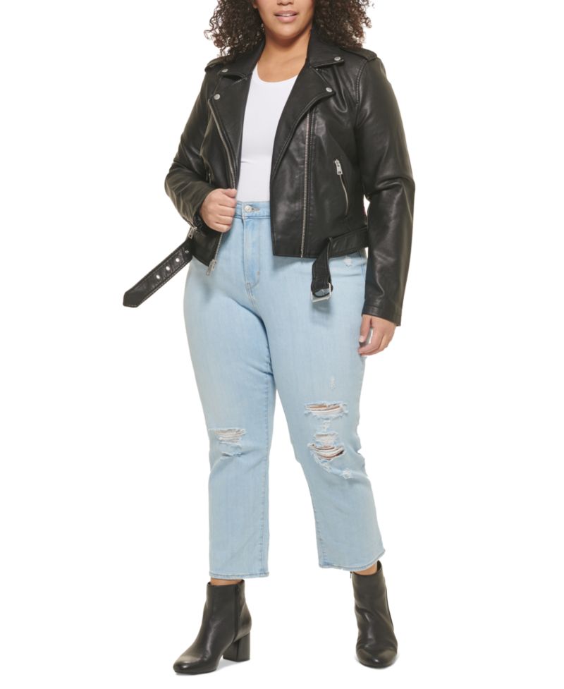 Plus Size Faux Leather Belted Motorcycle Jacket