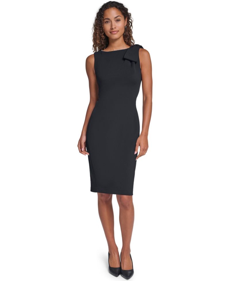 Women's Scuba Crepe Imitation Pearl Trim Crewneck Sheath Dress
