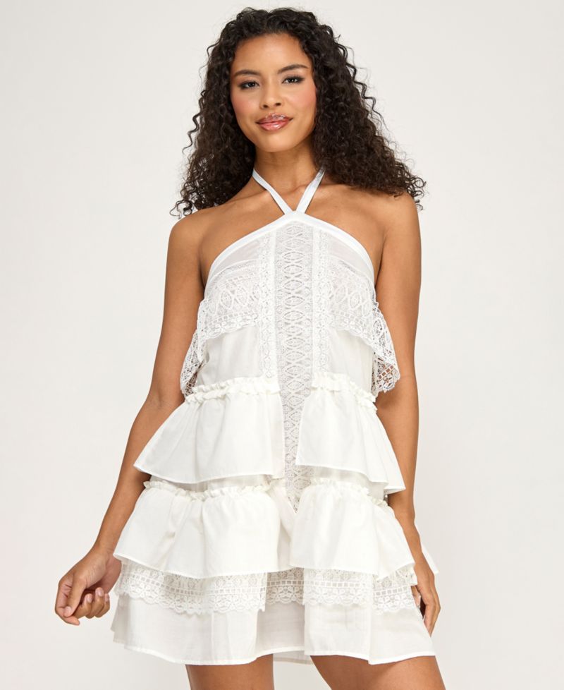 Juniors' Halter-Neck Tier Babydoll Dress