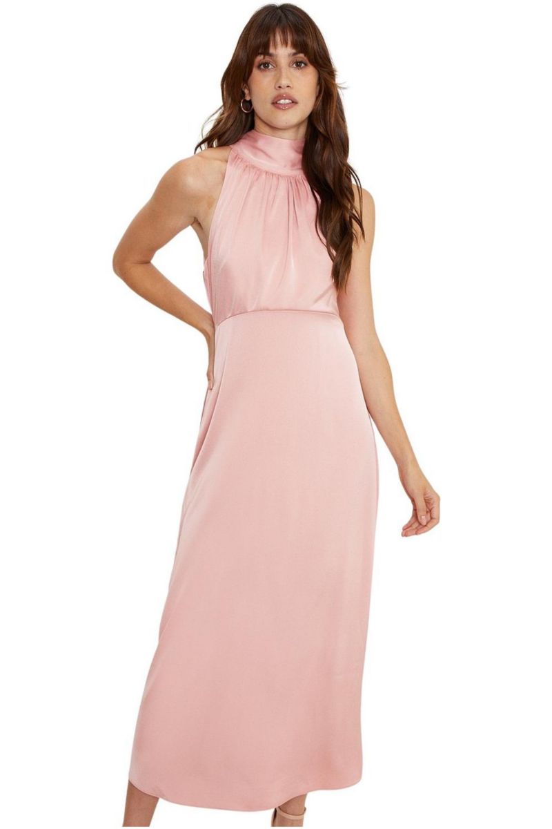 Women's Satin Halter Neck Midi Bridesmaid Dress