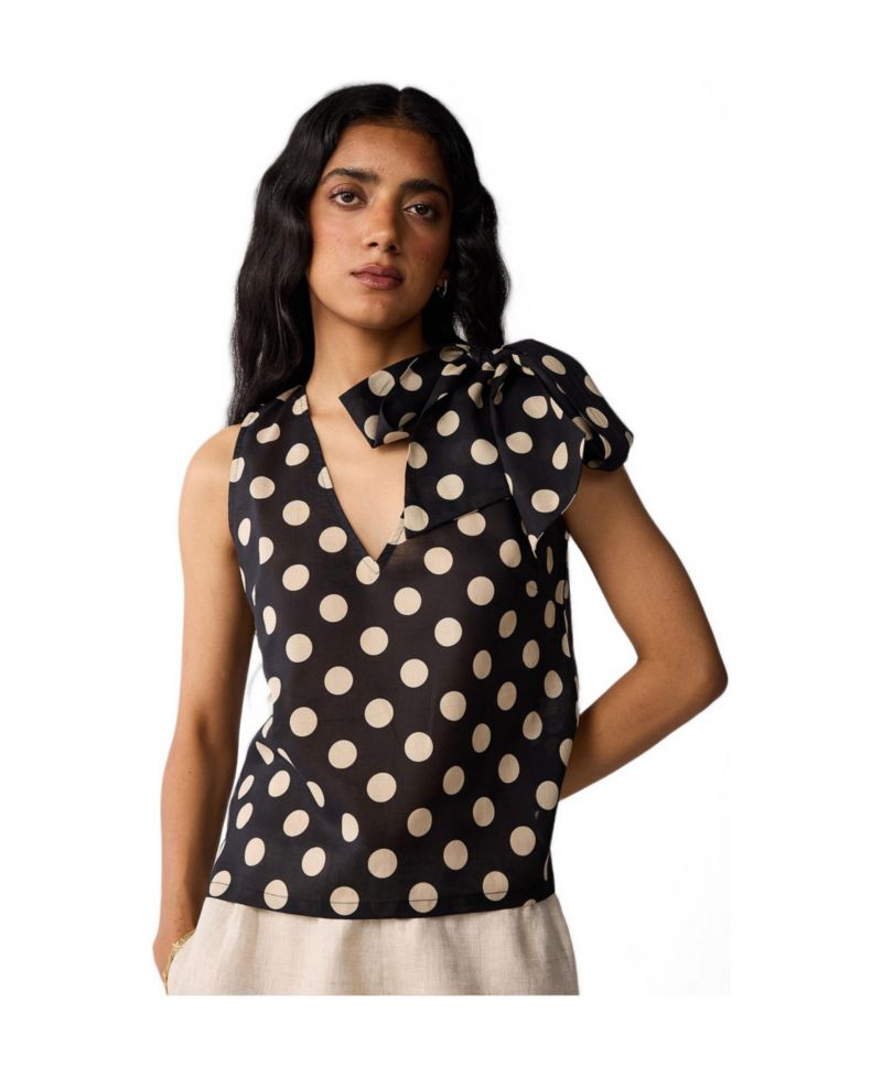 Women's Regular V-Neck Polka Dot Top with Bow Detail