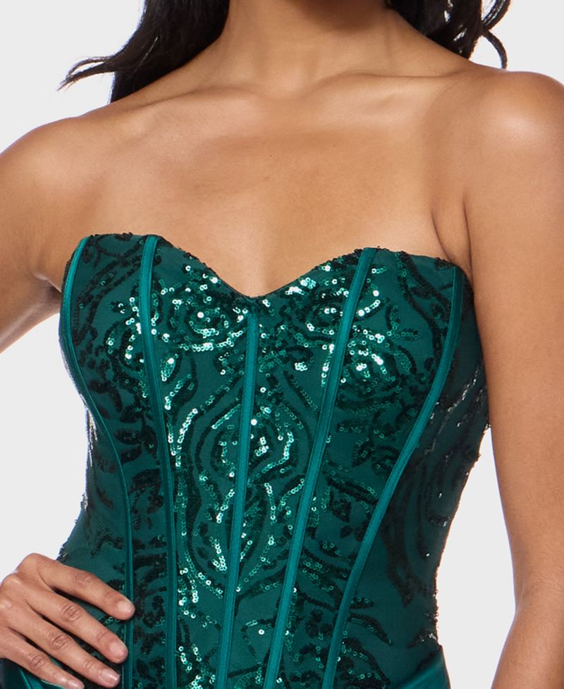 Juniors' Sequin Pattern Corseted Draped Skirt Satin Mini Dress