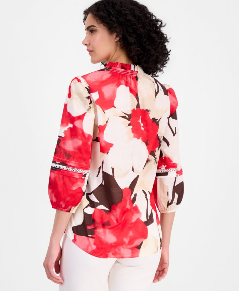 Petite Cotton Ruffled-Neck 3/4-Sleeve Blouse