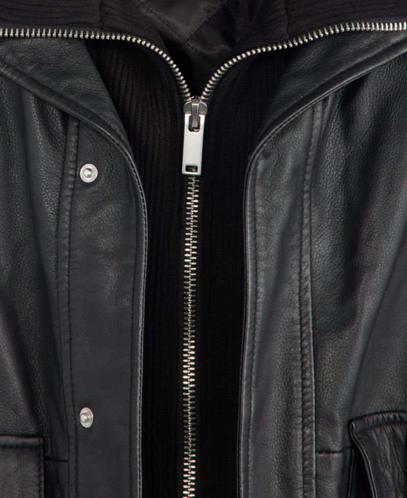 Men's Genuine Leather Bomber Jacket with Sweater Bib Insert