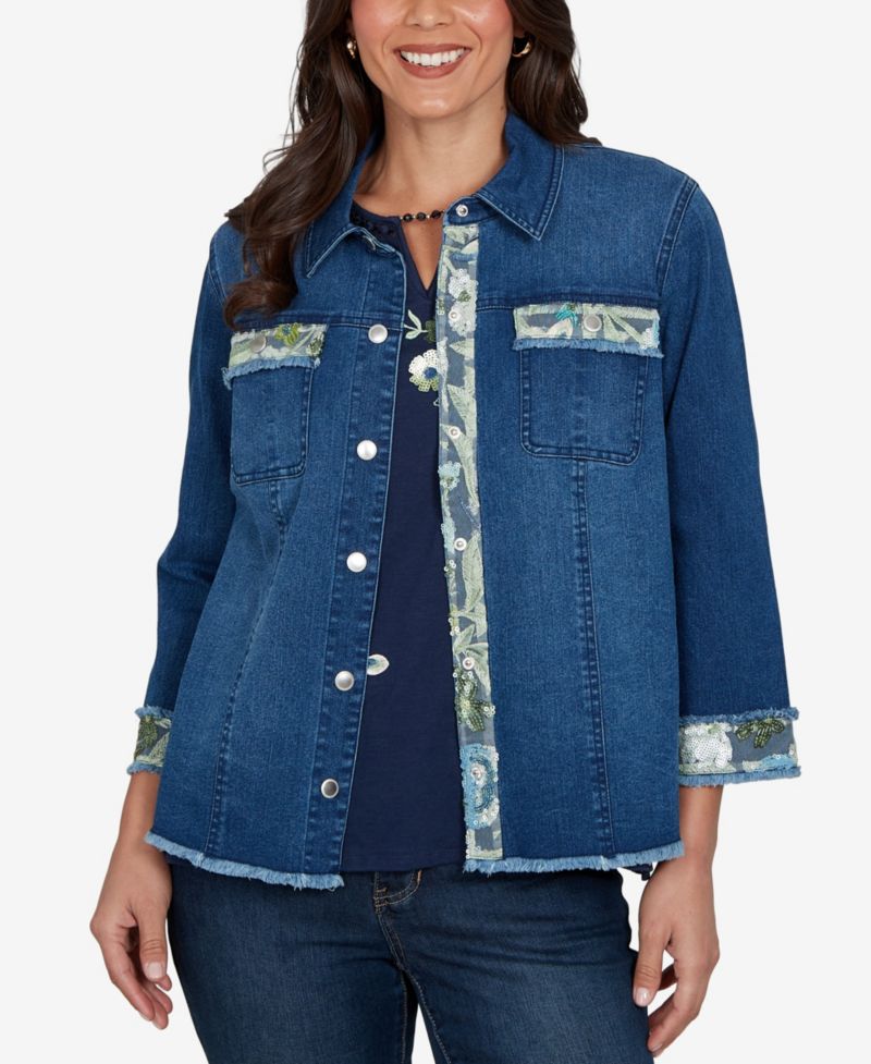 Petite Sequin Embellished Stretch Denim Jacket