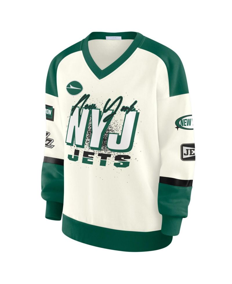 Women's Cream New York Jets Racing Crew V-Neck Sweatshirt