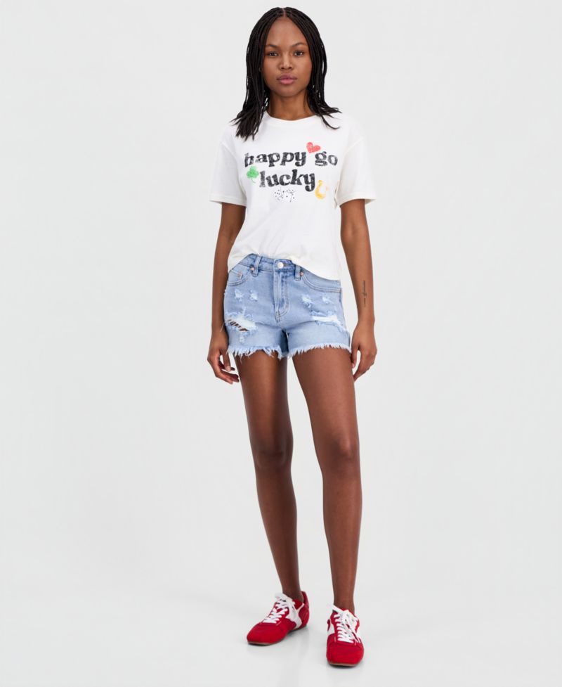 Juniors' Destructed Festival High Rise Denim Shorts