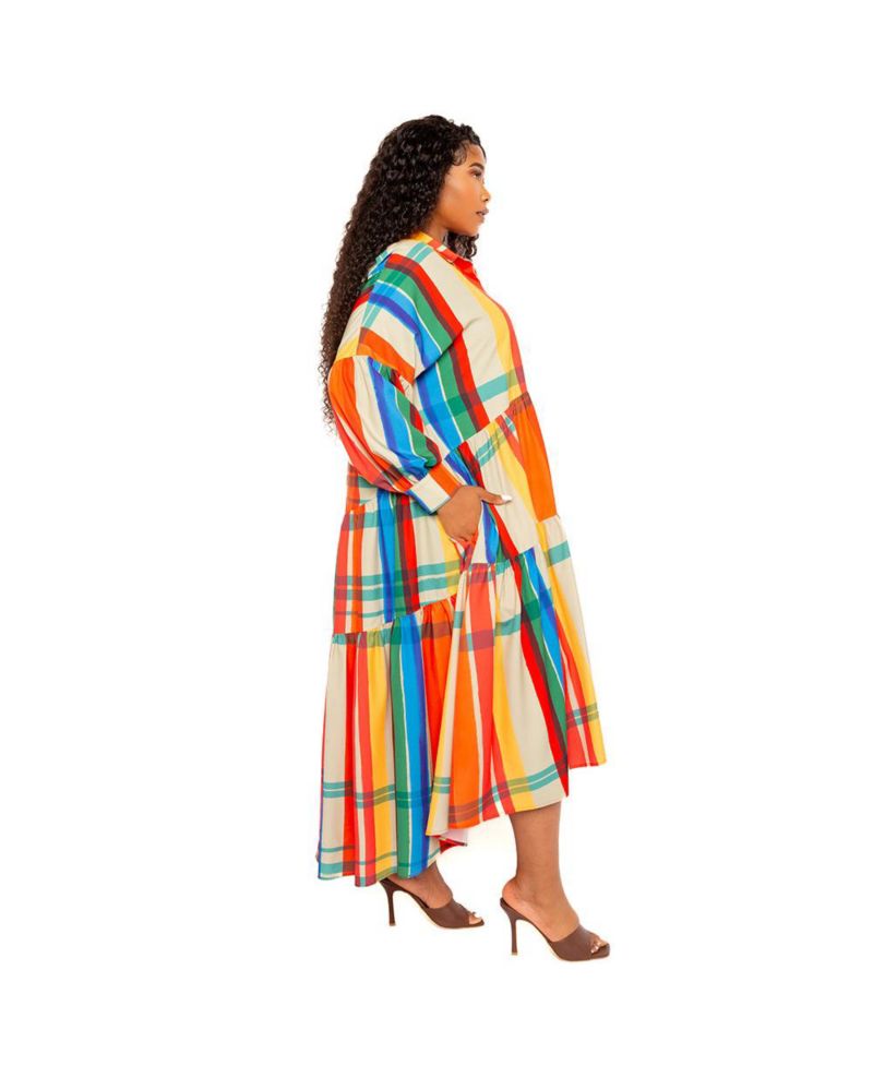 Women's Plus Size Plaid Puff Sleeve Tiered Shirt Dress