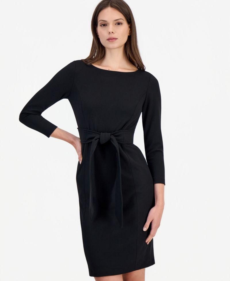 Women's Tie Waist Scuba Crepe Crewneck Sheath Dress