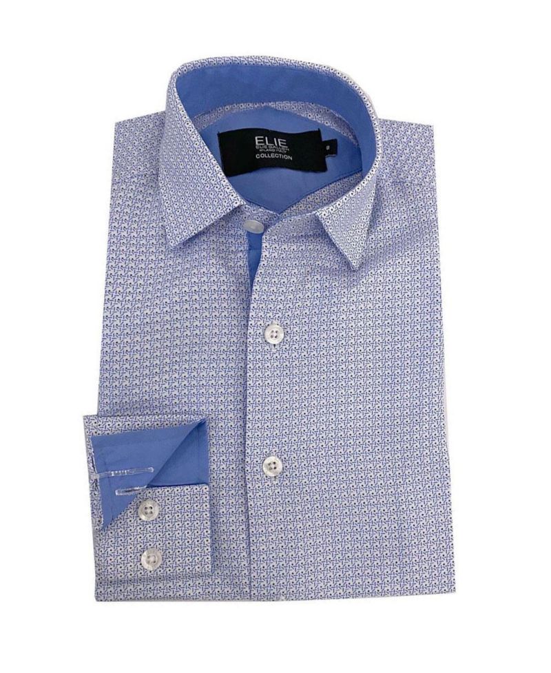 Little Boys White Blue Printed Button-Down Slim Fit Shirt