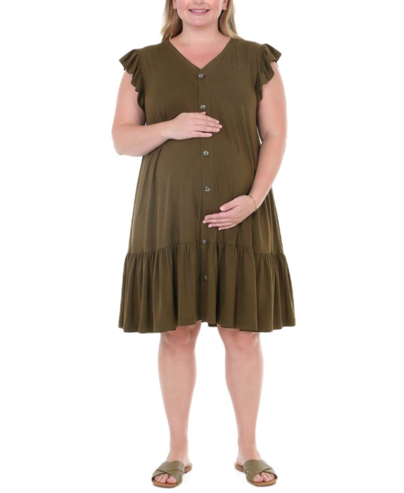 Plus Size Flutter-Sleeve Button-Front Tiered Maternity Dress