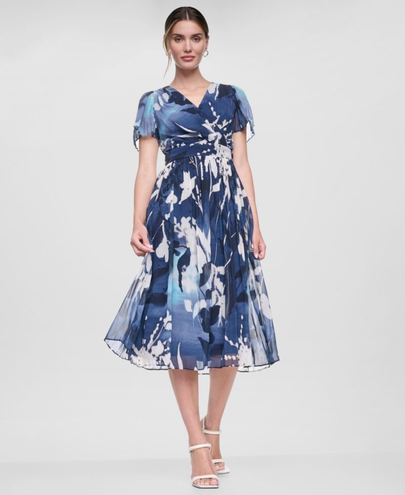 Women's Flutter-Sleeve Release Pleat Midi Dress