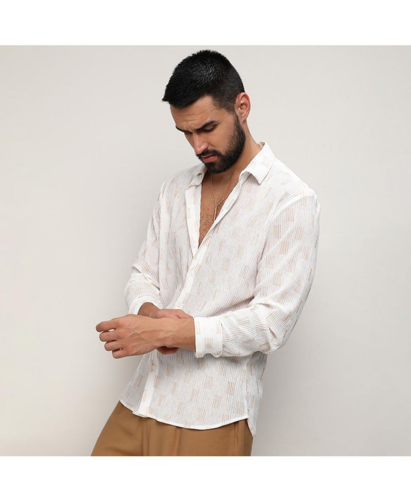 Men's Chalk White Foil-Pleated Shirt