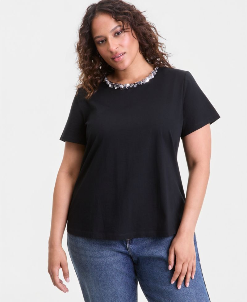 Plus Size Sequin-Neck-Trim T-Shirt