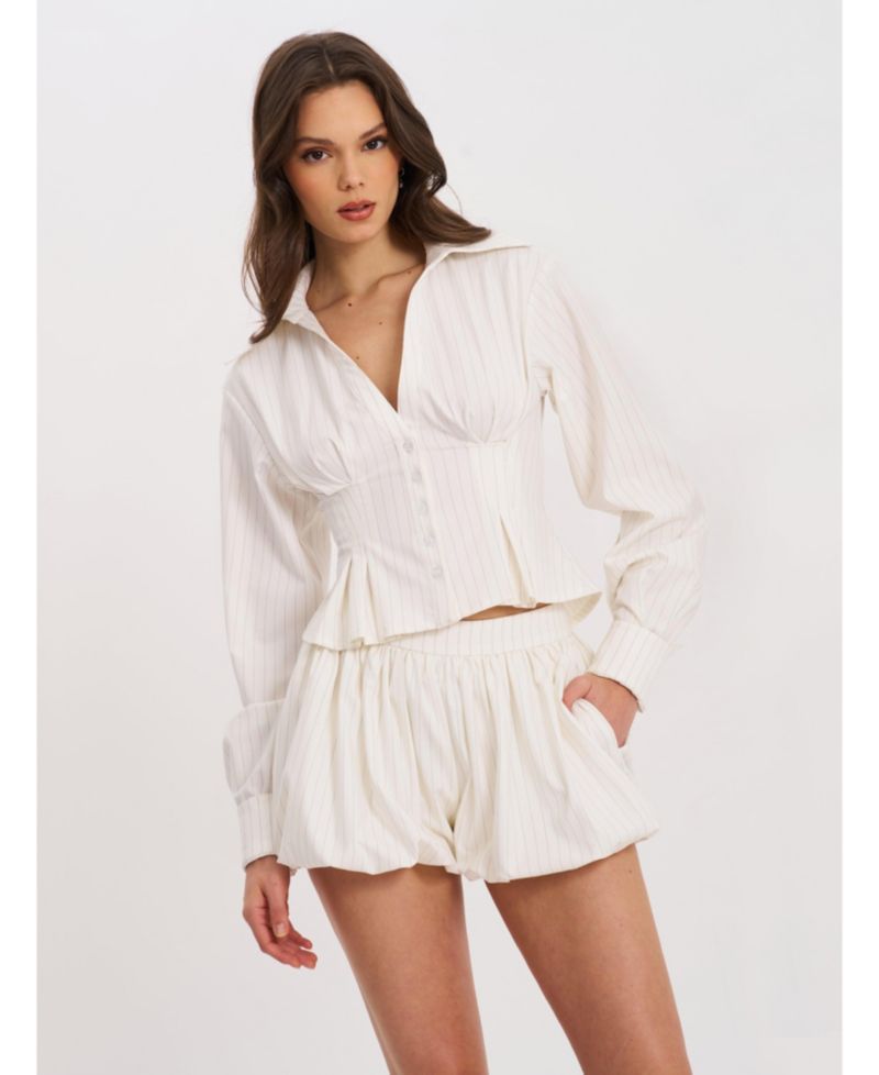 Women Sylvia White Pinstripe Deep V Pleated Shirt