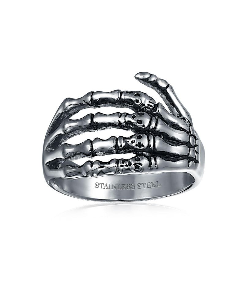 Goth Biker Skelton Hand Band Wrap Ring Silver Tone Oxidized Stainless Steel
