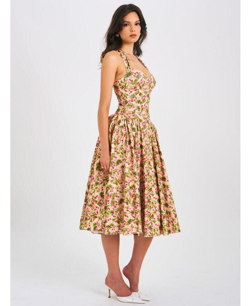 Women Niya Floral Print Linen Halter Corset Maxi Dress
