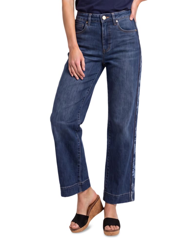 Petite Stride High-Waisted Floral-Jacquard Wide-Leg Jeans