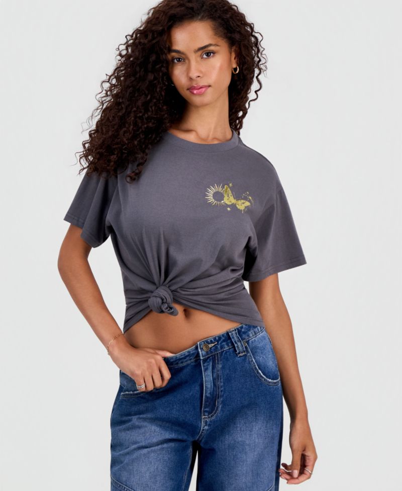 Juniors' Cotton Butterfly Graphic T-Shirt