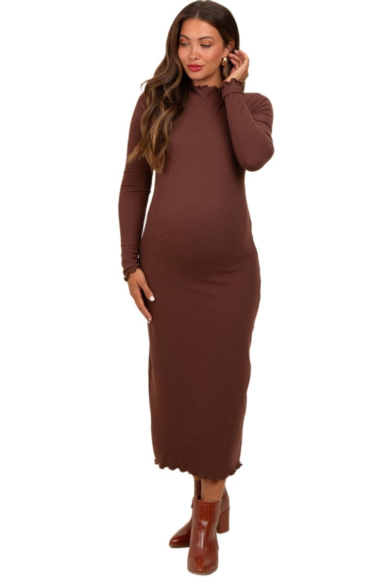 Women's Brown Ruffle Mock Neck Long Sleeve Midi Dress