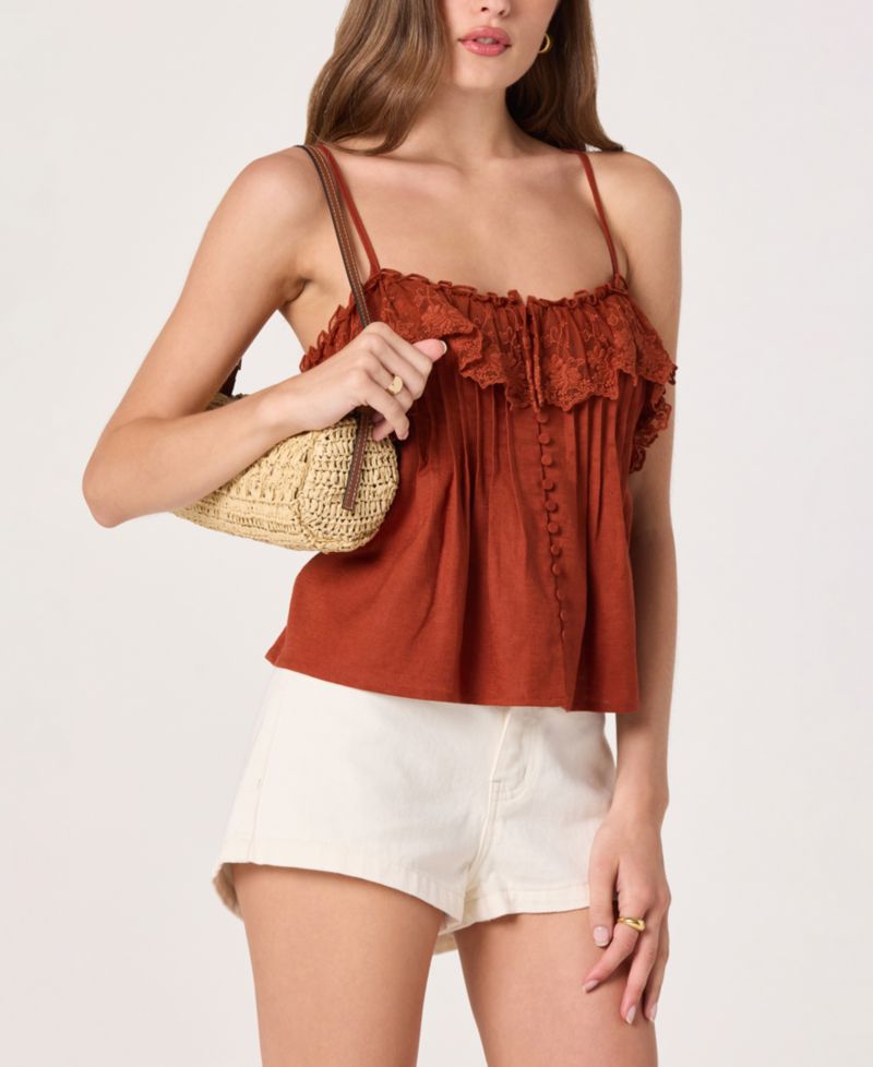 Women's Ruffled Lace Trim Straight Neck Tank Top