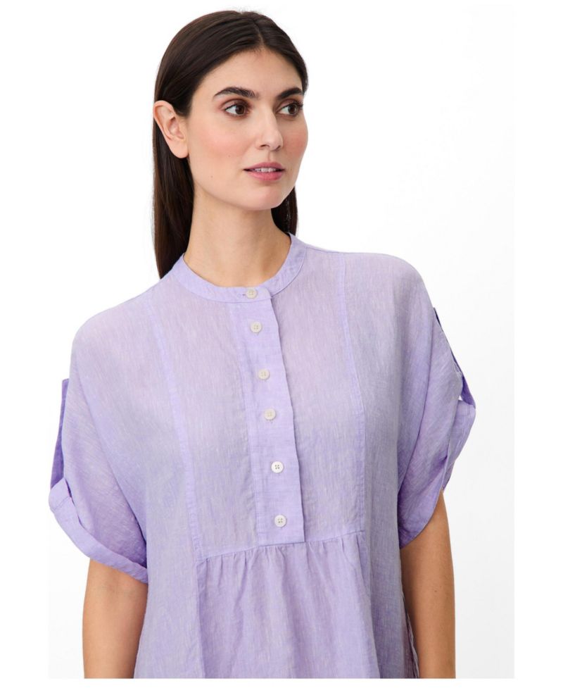 Women's Mandarin Collar Short-Sleeve Shift Linen Dress